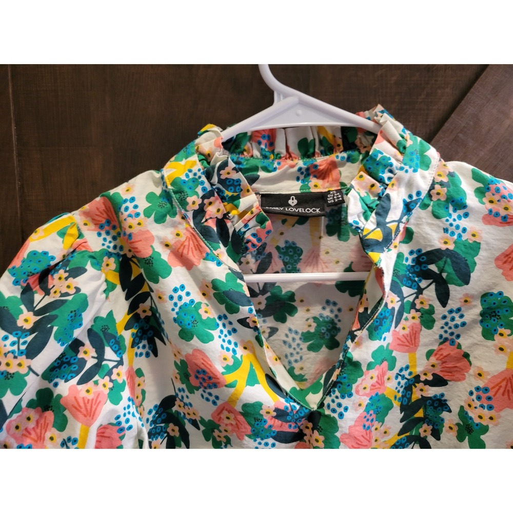 Emily Lovelock Floral Cactus Print Puff Sleeve Ruffle Neck Blouse XS US 2-4 - Picture 6 of 13